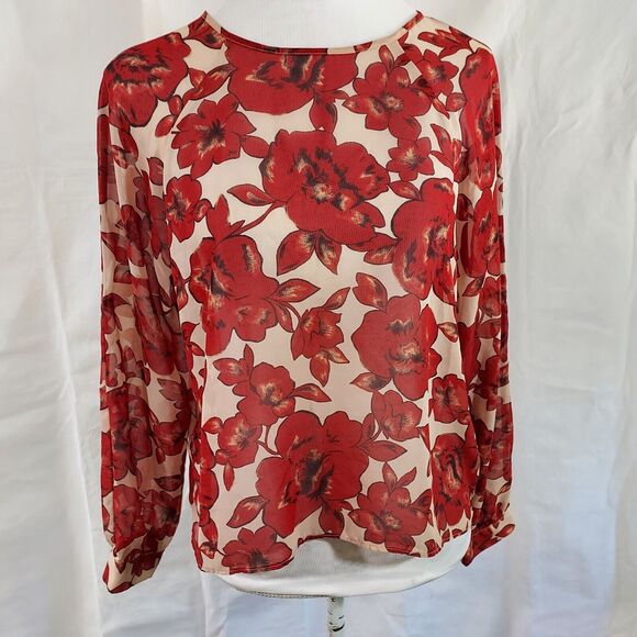 Forever 21 Shirt Top Blouse Size Small Sheer Floral Keyhole Button Red Beige - Picture 2 of 11